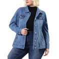 thumbnail image 5 of Unique Bargains Women's Plus Size Long Sleeve Button Front Washed Denim Jacket, 5 of 7