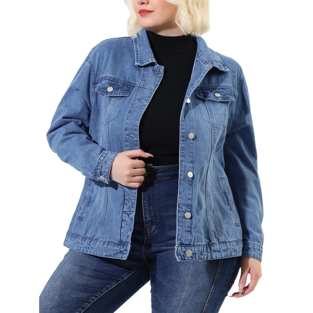 Unique Bargains Juniors Plus Size Long Sleeve Button Down Jean Denim Jacket with Pockets
