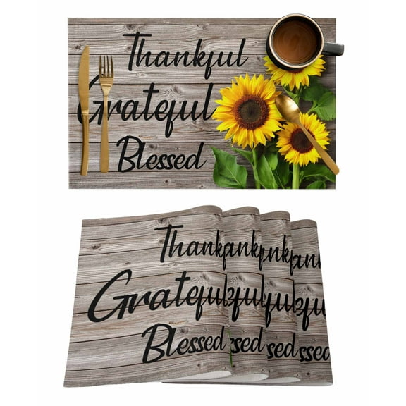 Sunflower Wooden Placemats Set of 6, Farmhouse Vintage Botanical Floral Placemats for Dining Table, Place Mats for Kitchen Tabletop, Waterproof Wipeable Dining Table Mats Set