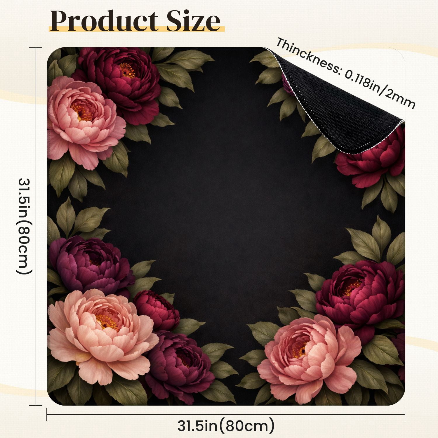 Mahjong Mat 31.5" x 31.5" Elegant Dark Floral Frame Burgundy Pink Peonies Green Leaves Non-Slip Noise Reduction Mahjong Tiles Table Cover for Dominoes Poker Card Board and Tile Games