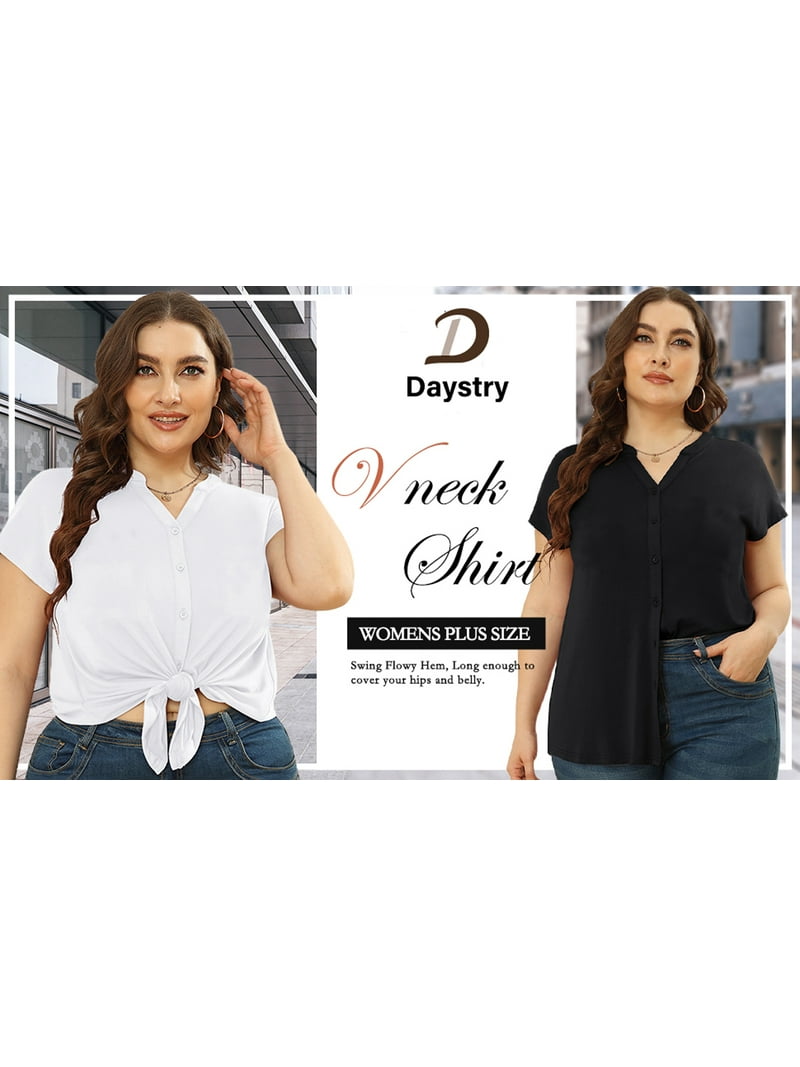 SHIJIALI Women's Plus Size Henley V-Neck Tunic Top - Casual Short Sleeve Blouse In Navy Blue