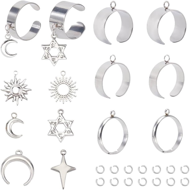 1 caja de 6 juegos de anillos para un solo dedo de acero inoxidable, conjunto de anillos de estilo francés con diseño de estrella, luna, sol, galaxia celestial, anillos plateados.