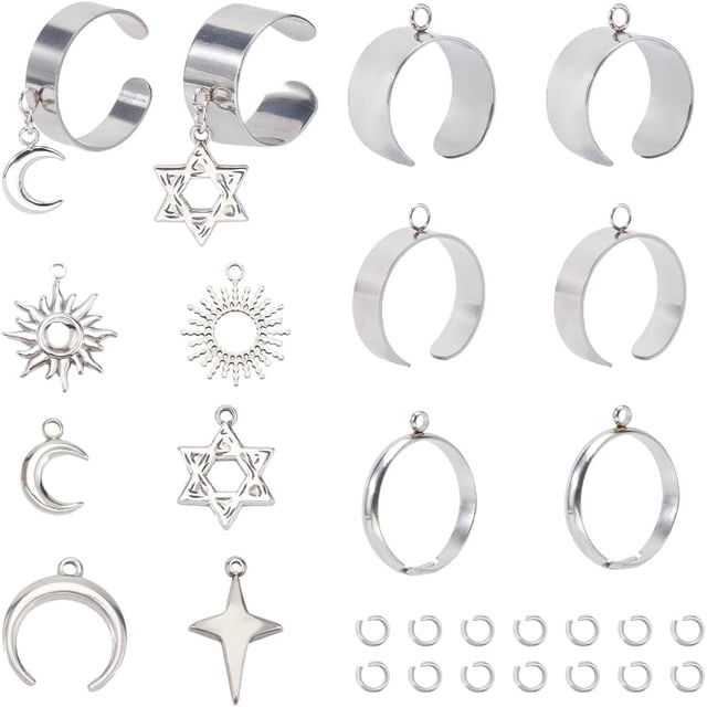 1 caja de 6 juegos de anillos para un solo dedo de acero inoxidable, conjunto de anillos de estilo francés con diseño de estrella, luna, sol, galaxia celestial, anillos plateados.