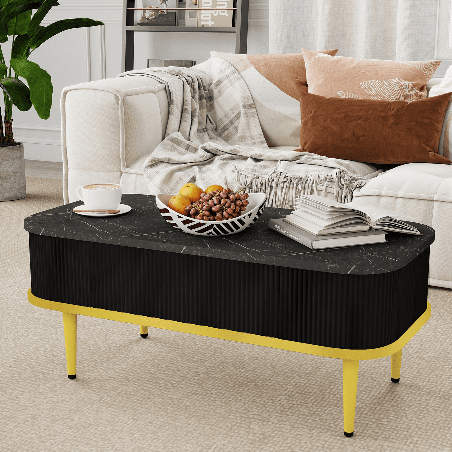 BaPiPro 39" Lift Top Coffee Table with Storage, Modern Fluted Rectangle Center Table with Hidden Compartment for Living Room, Home Office, Black