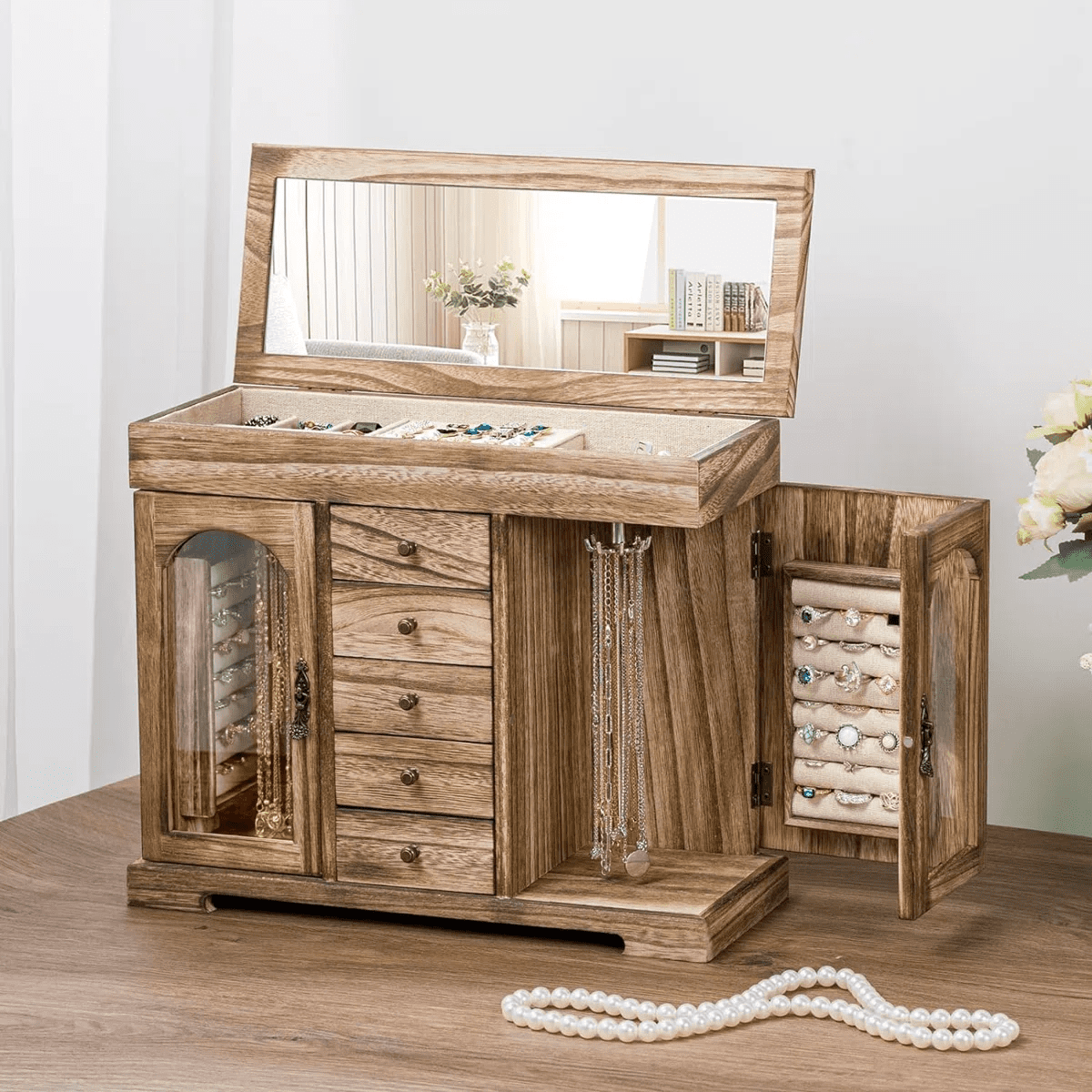 7-Layer Wooden Jewelry Box With Mirror & Lock - Solid Wood Jewelry Organizer With Drawers