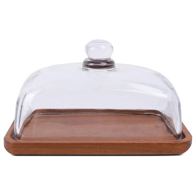 Mantequera de Vidrio con Tapa de Madera. Transparente con Cúpula. Transparente con Cúpula. Mantequera para Mesa y Encimera.