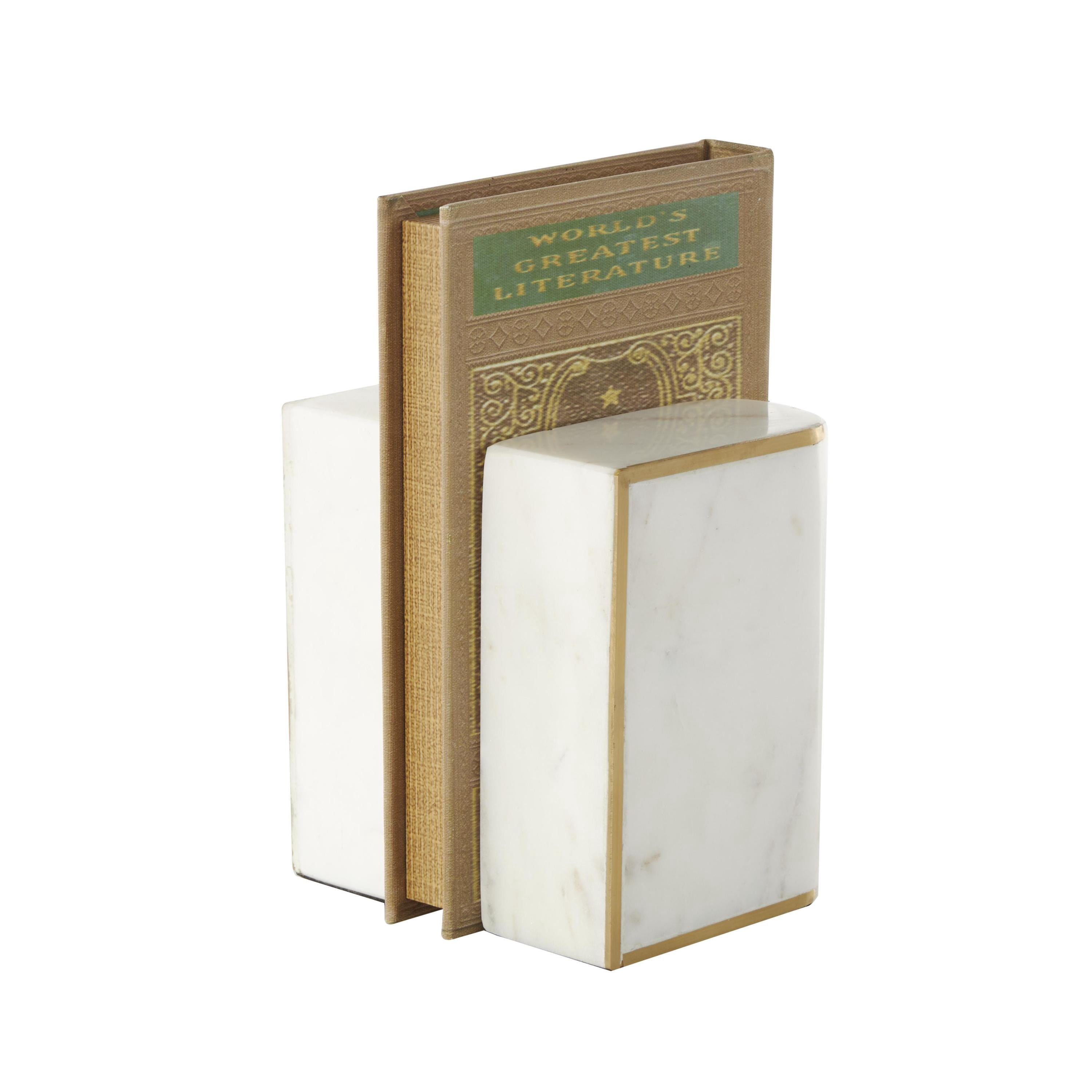 DecMode 4" Curved Rectangular White Marble Bookends with Gold Accents (Set of 2)