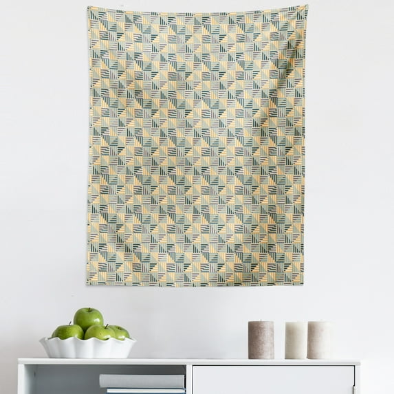 Abstract Tapestry, Geometric Design with Retro Square Shapes Inner Stripes Minimal, Fabric Wall Hanging Decor for Bedroom Living Room Dorm, 5 Sizes, Mustard Grey and Cadet Blue, by Ambesonne