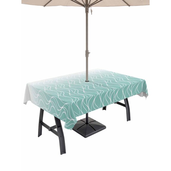 Outdoor Tablecloth with Umbrella Hole for Patio/Picnic/Party/Camping, Modern Teal Green Waterproof Table Cloth Rectangle Table Cover Washable, Abstract Ombre Geometric Morocco (54"x 80")