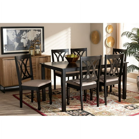 Baxton Studio Reneau Modern and Contemporary Sand Fabric Upholstered Espresso Brown Finished Wood 7-Piece Dining Set