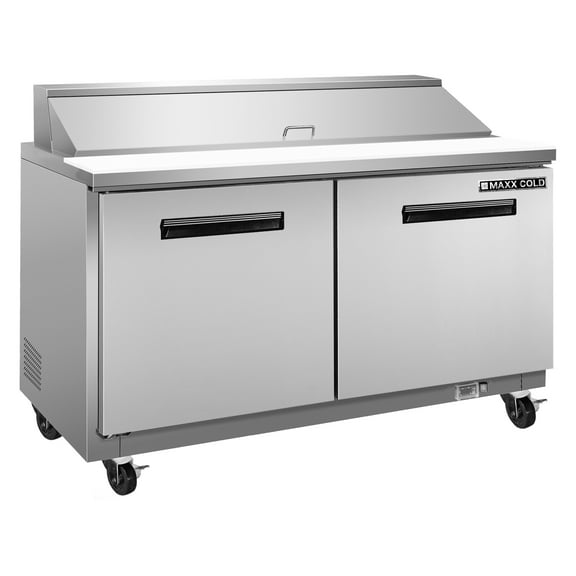 Maxx Cold Two-Door Refrigerated Sandwich and Salad Prep Station, 61"W, 15.5. cu. ft. Storage Capacity, Equipped with (16) 4” Deep Pans and Cutting Board, in Stainless Steel (MXCR60SHC)