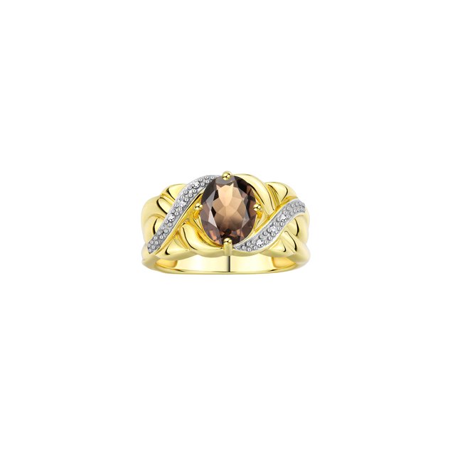 RYLOS Bagues pour Femmes Bague en Or Jaune 14K Classique Pierre Précieuse Ovale 9x7 mm et Diamants Juin Quartz Fumé Bijoux Taille 8