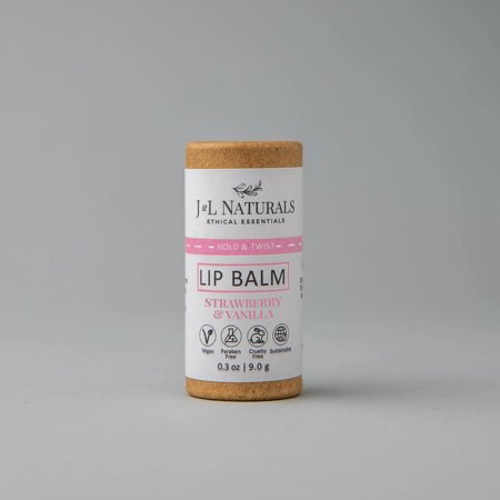 J&L Naturals Lip Balm - Strawberry & Vanilla - Vegan, Sustainable, Natural, Cruelty Free - 0.3oz (Single)
