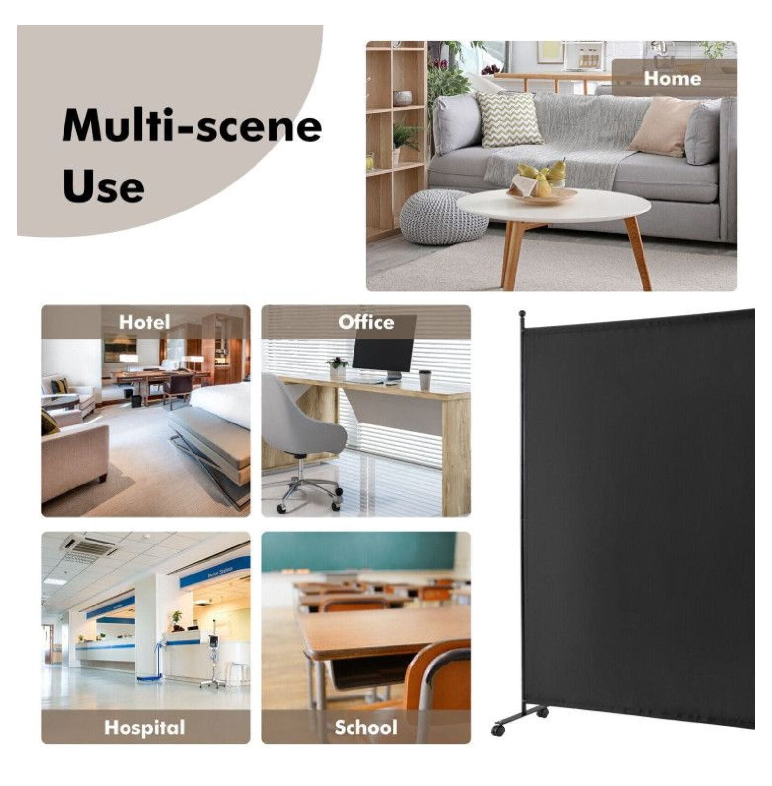 Yunken Single Panel Rolling Room Divider, 6 Ft Tall Portable Privacy Screen with Smooth Gliding Wheels