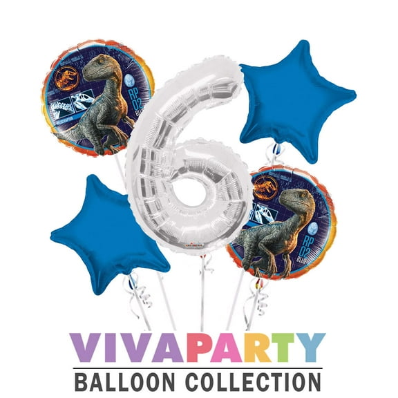 Jurassic World Velociraptor RP 02 Blue Round Balloon Bouquet 5 pc, 6th Birthday, Silver Number 6 Jumbo Balloon | Viva Party Balloon Collection