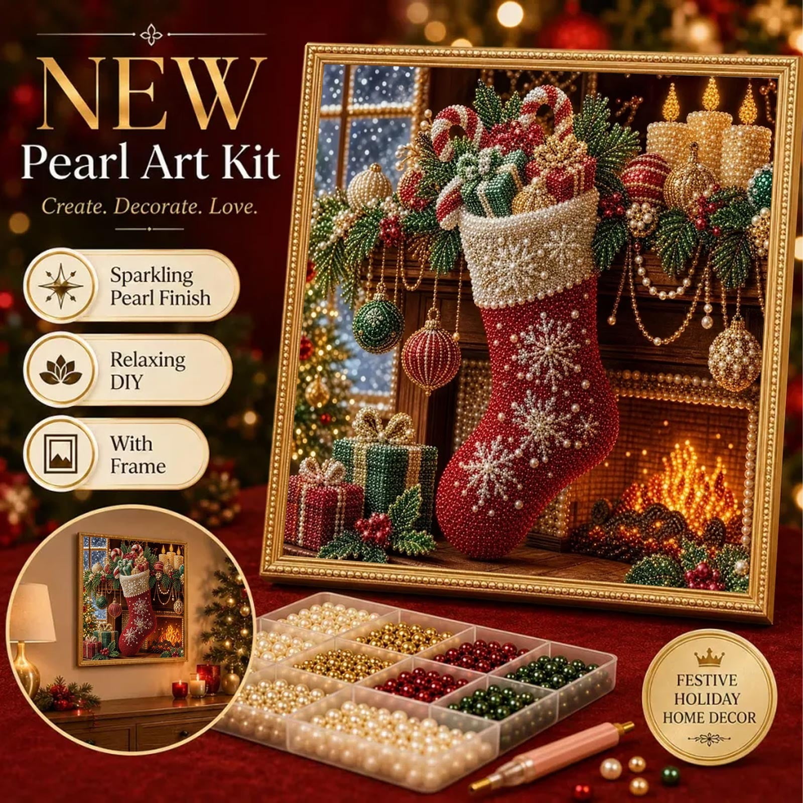 Christmas Supplies DIY Christmas Pearl Bead Painting Kit Drawing Board Canvas Rhinestone Art Set With Instruction Manual Holiday Crafts For Adults Home Wall Decor Gift Decoration Ornaments