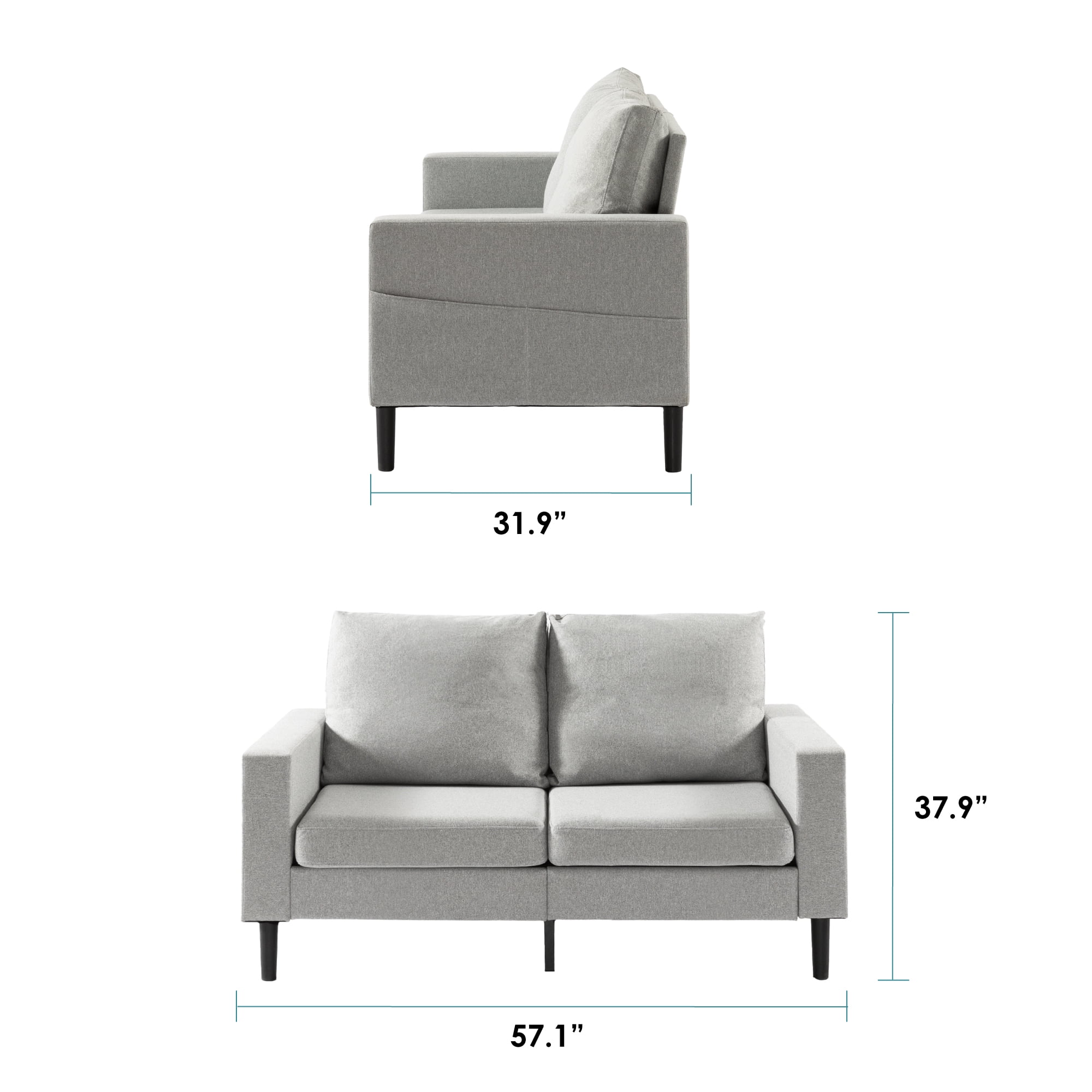Liv Modern Upholstered Fabric Loveseat Sofa with Armrest Pockets, Light Gray