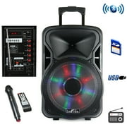 beFree Sound 12 Inch Woofer; Portable, Bluetooth, Powered PA Tailgate Party Rechargeable Speaker With Illuminating Lights