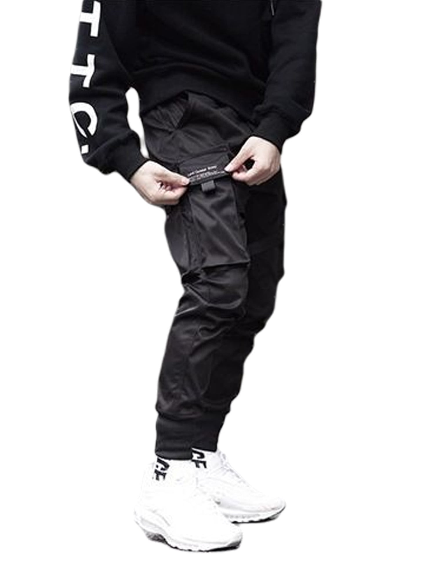 Genuiskids Men Baggy Cargo Pants Casual Black Multi Pockets Hip