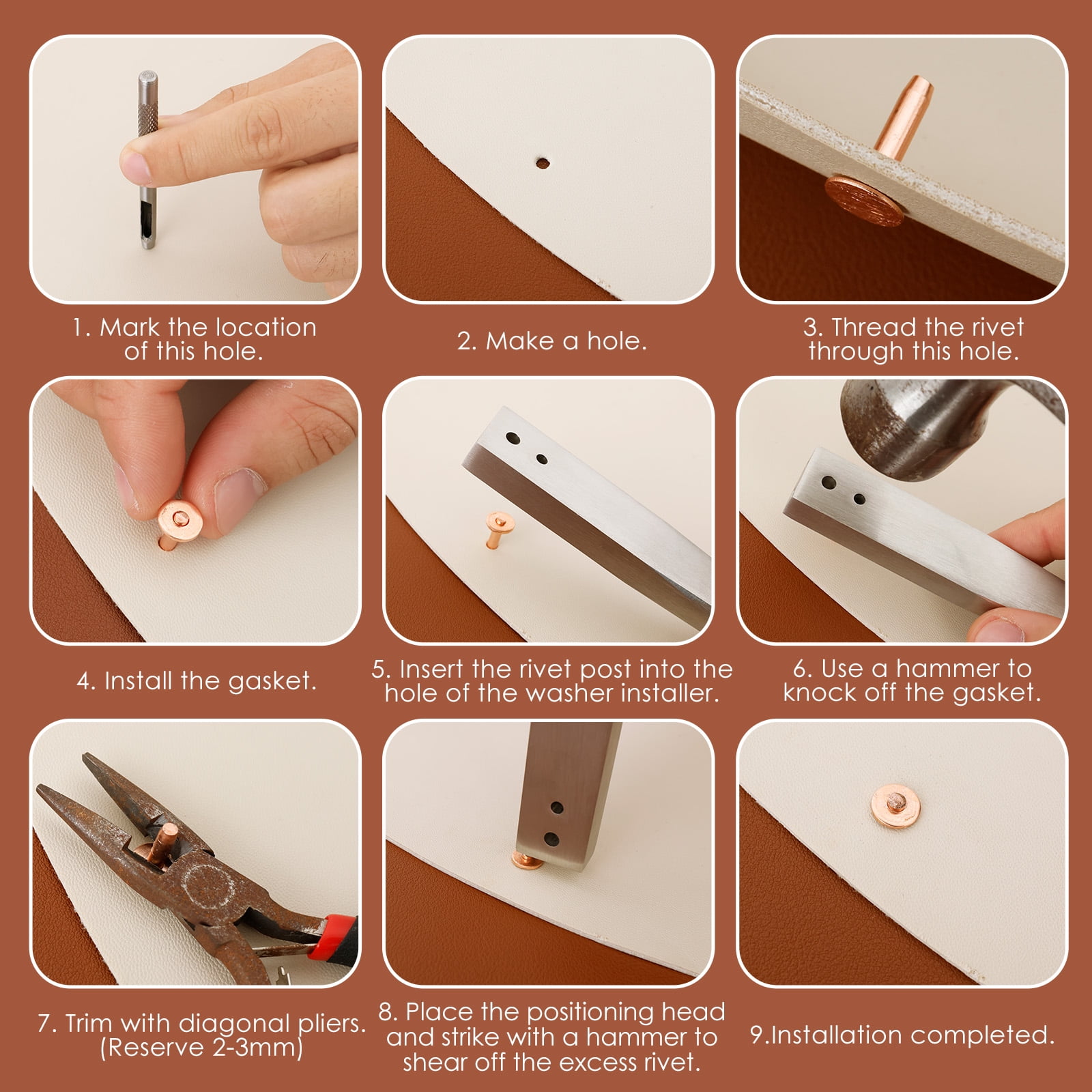 50 Sets Copper Rivet 5 Sizes Leather Rivet with Hole Punches and Washer Setter for Repair and Decorate Belts Handbags Wallets Collars Shoes Clothing Bracelets