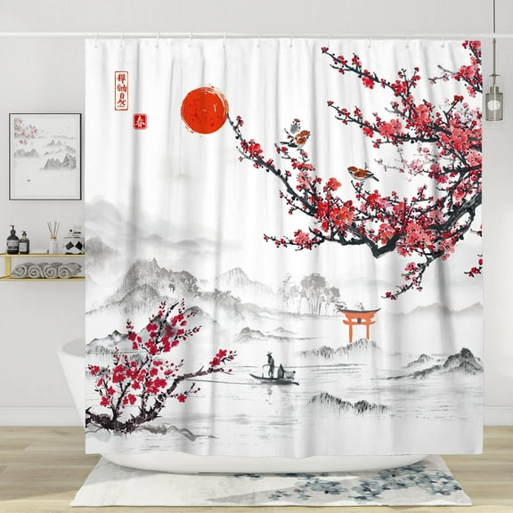 Anime Japanese Shower Curtain Cherry Blossom Shower Curtain Asian Aesthetic Shower Curtain Cute Watercolor Fabric Polyester 72x72 Inch