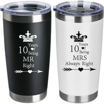 Set of 2 10th Wedding Engagement Anniversary Tumblers for Couples Parents 20 Ounce Stainless Steel Insulated Car Tumbler Travel Mug Mr Right Mrs Always Right 10 Years Anniversary Funny Present