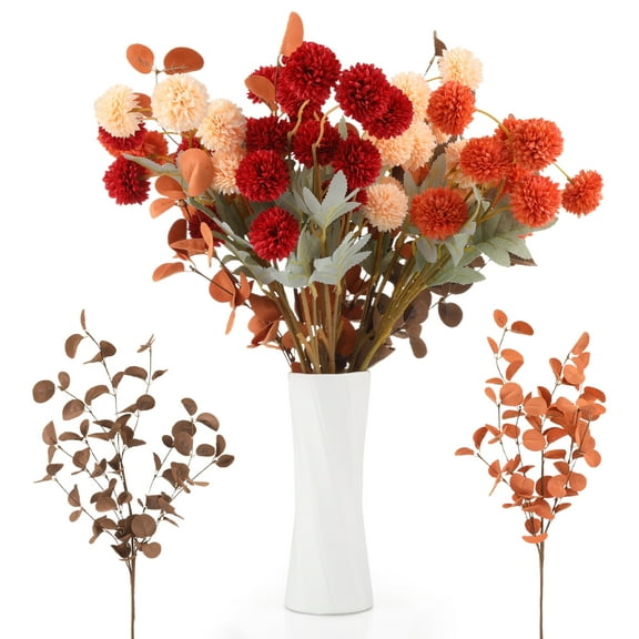 10 Pcs Faux Kiku Flowers, 10 Stems Artificial Flowers with 2 Branches Eucalyptus Leaves, Fake Silk Mums, Faux Chrysanthemum Blooms, Floral Table Centerpieces for Wedding Home Decor