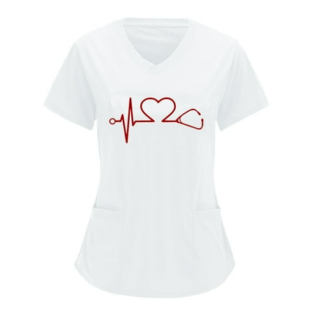 

Women Scrubs Tops Print Short Sleeve V Neck Solid Shirts Blouse Tops With Pockets Comfortable Nursing Uniform