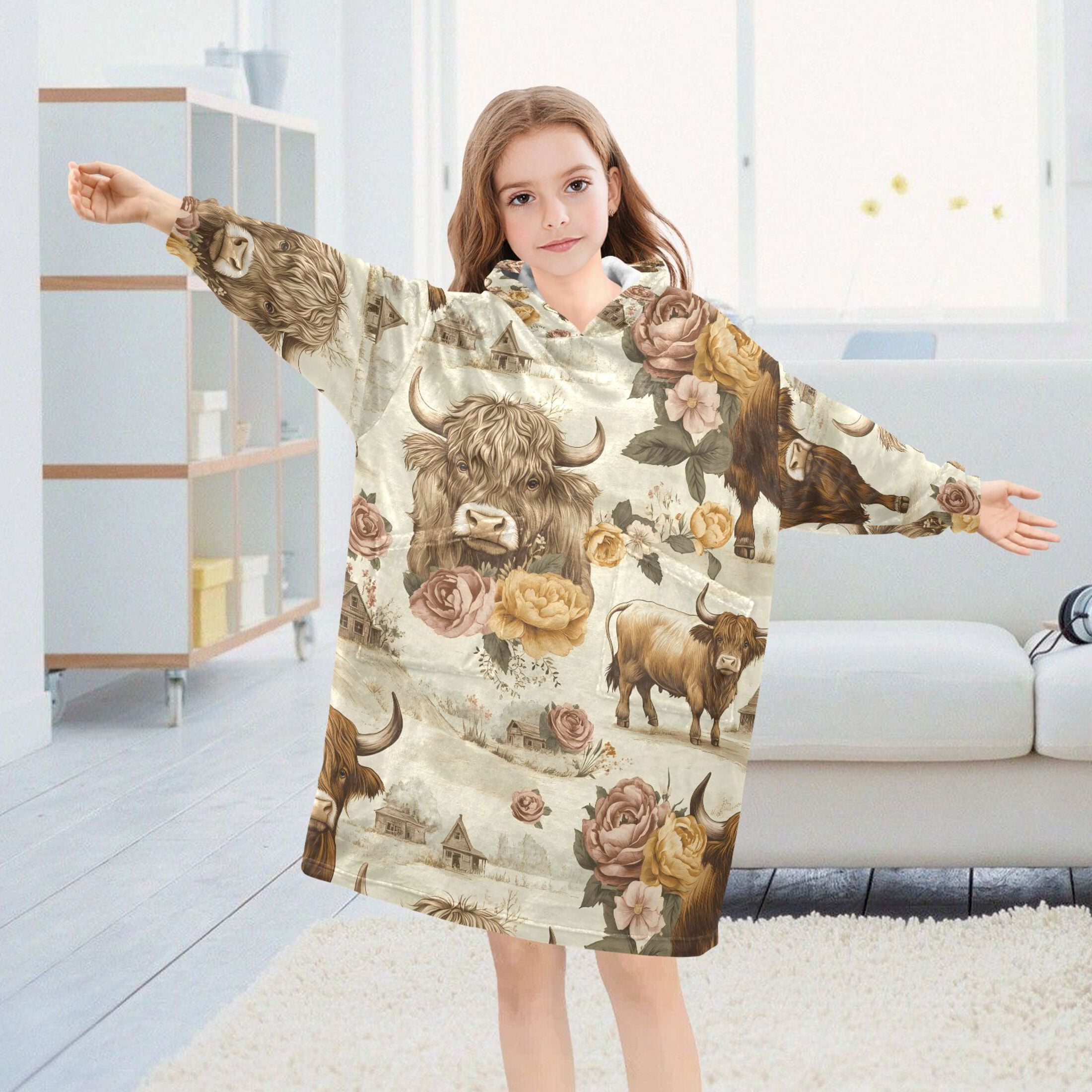 joogoo Blanket Hoodie for Highland Cattle Flower-w1 Oversize Sweatshirt 3-14 YR L