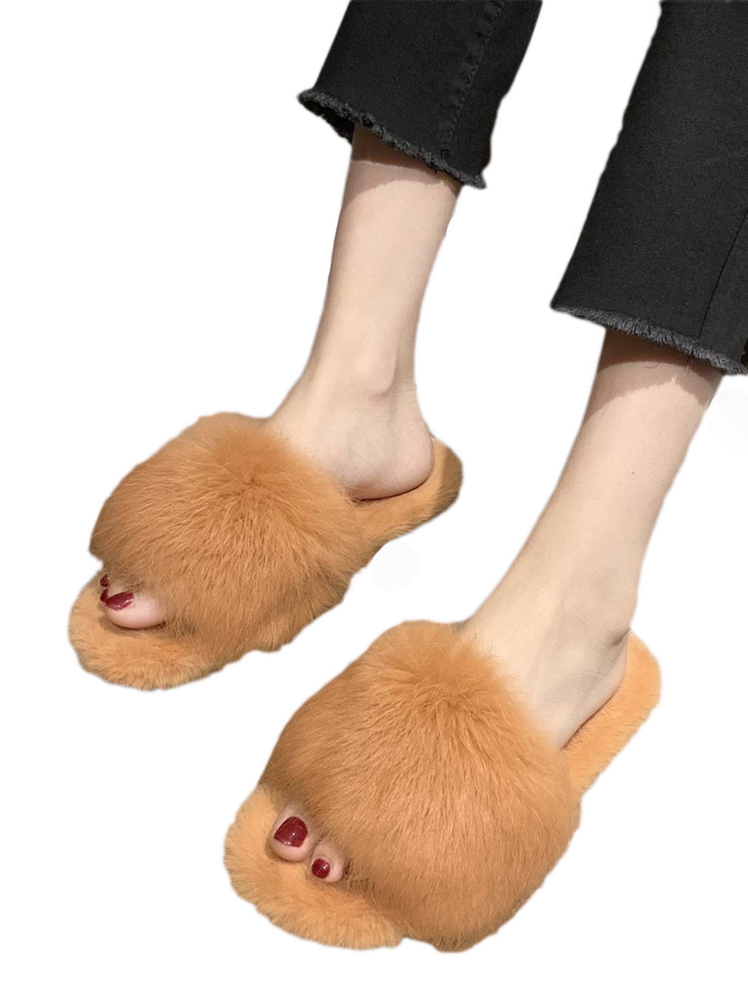 womens fluffy slider slippers