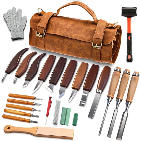 Deluxe Wood Carving Kit whittling kit, 25 Piece Wood Carving Tools with Thick Leather Storage Bag,wood carving set-Ideal Woodworking Tools and Hobbies for Beginners Enthusiasts Gift DIY
