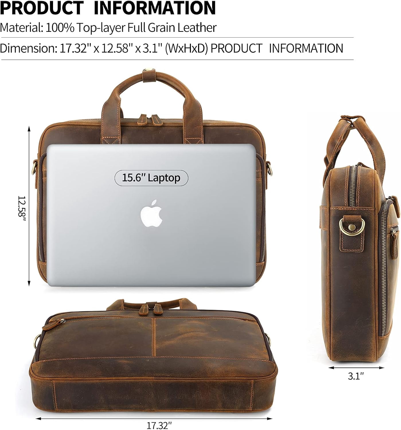 Full Grain Leather Briefcase for Men, Business Messenger Bag Laptop Bag Attache Case, Fits 15.6 Inch Laptop