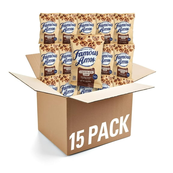 Famous Amos 2 oz., Pack of 15, Individual Bags of Famous Amos Chocolate Chip Cookies - Bulk Cookies Snacks