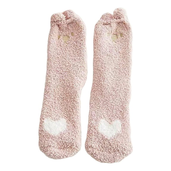 4 Pairs Women Thermal Floor Socks Cute Pattern Elastic Thicken Coral Fleece Mid Socks Girls Indoor Floor Stockings for Home,Pink