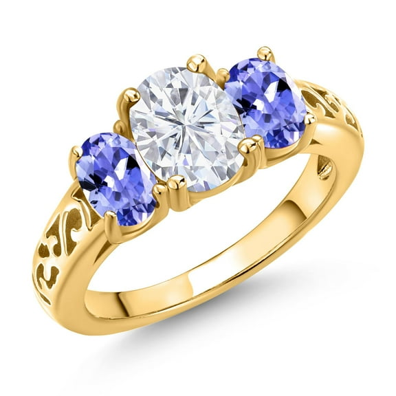 Gem Stone King 18K Yellow Gold Plated Silver White Moissanite and Blue Tanzanite Filigree Style 3 Stone Ring for Women (2.40 Cttw, Oval 8X6MM and 6X4MM) (Size 6)