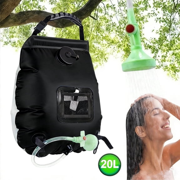 LC-dolida Camping Shower Bag, 20L Solar Shower with Removable Hose On-Off Switchable Thermometer Display, Solar Heat Absorption for Camping, Hiking, Traveling, Swimming, Beach(Black)