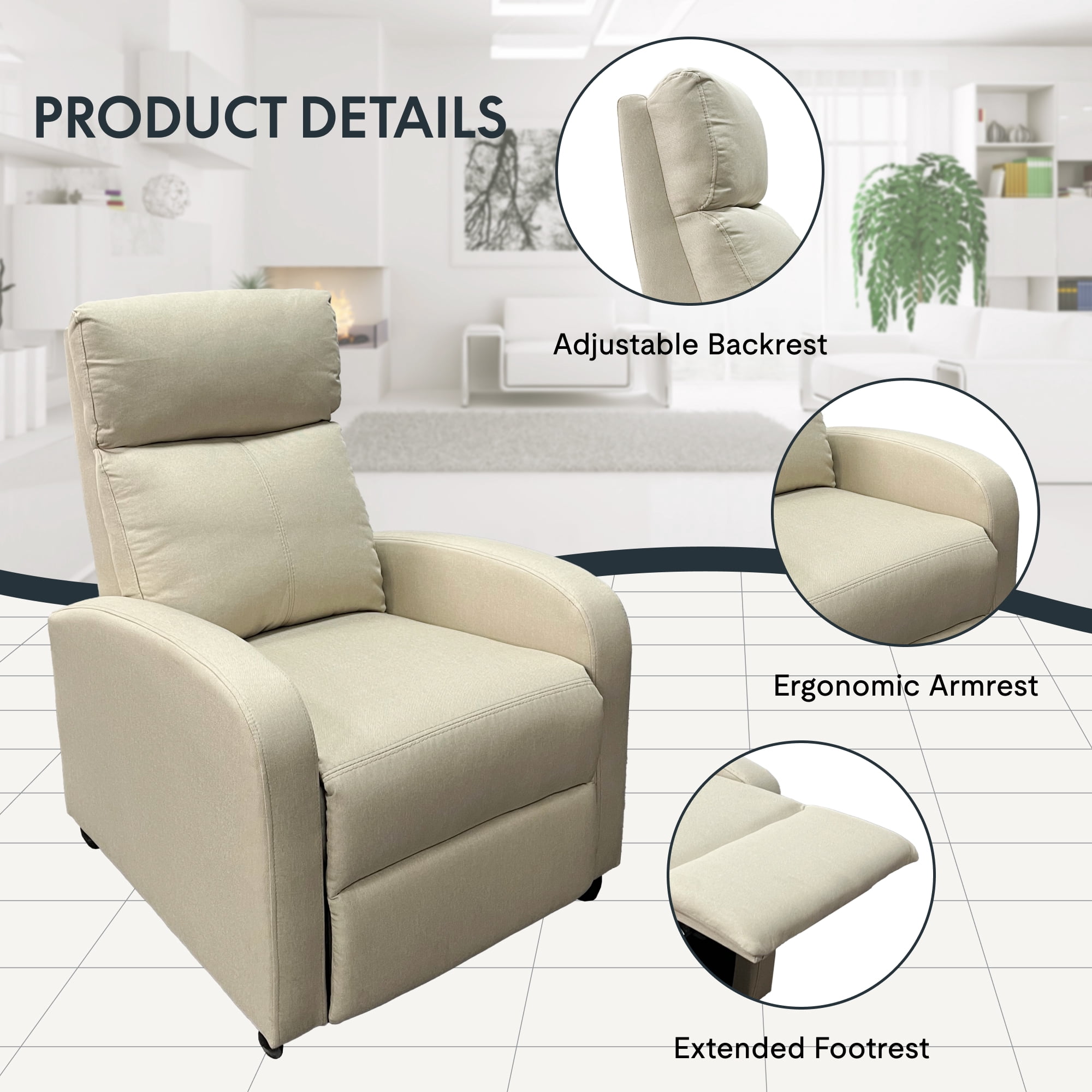 FlexiSpot Pushback Recliner Chair Adjustable Faric Home Living Single Reclining Sofa Weight Capacity 300 lbs Grey