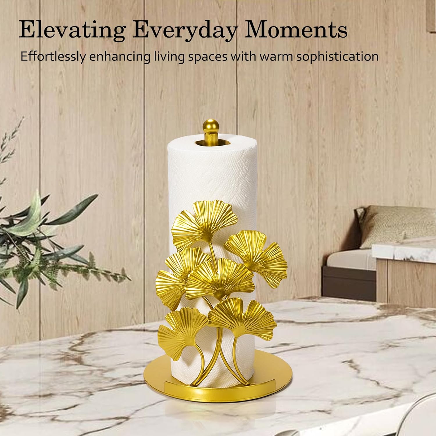 ThrottleT - Vintage Gold Ginkgo Paper Towel Holder Countertop - Gold Kitchen Decor and Accessories, Luxury Housewarming Gifts for Women, 3D Ornate Leaf Textured, Retro Design Home Decor