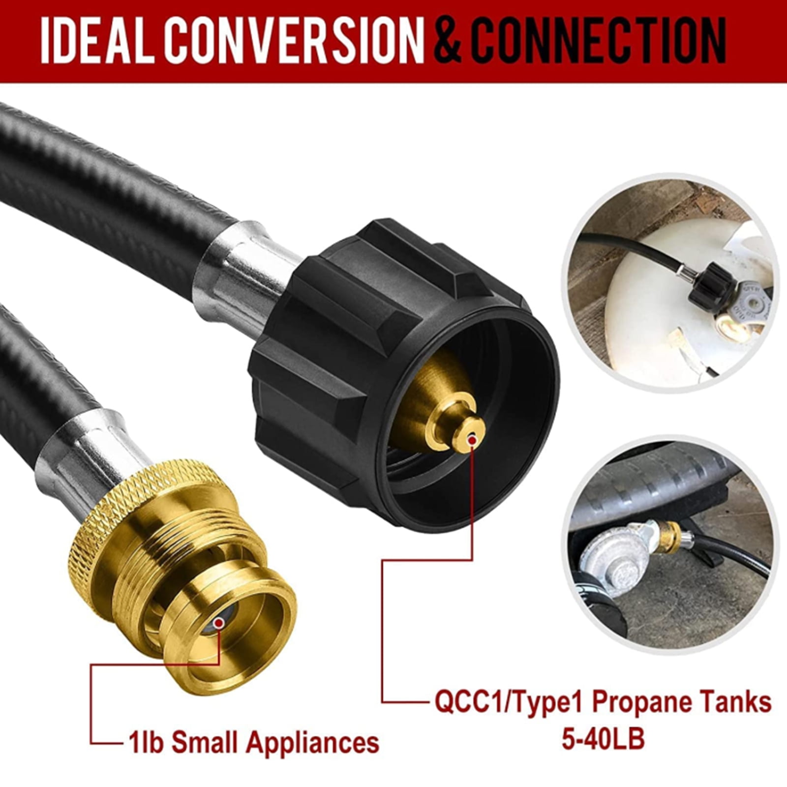 PatioGem 6FT Propane Tank Adapter Hose, Propane Adapter 1lb to 20lb, Converts 1lb Appliances to 5-40lb Tanks, Fit for Weber/Coleman/Blackstone Grill, Camping Stove, Buddy Heater, Tabletop Gridde