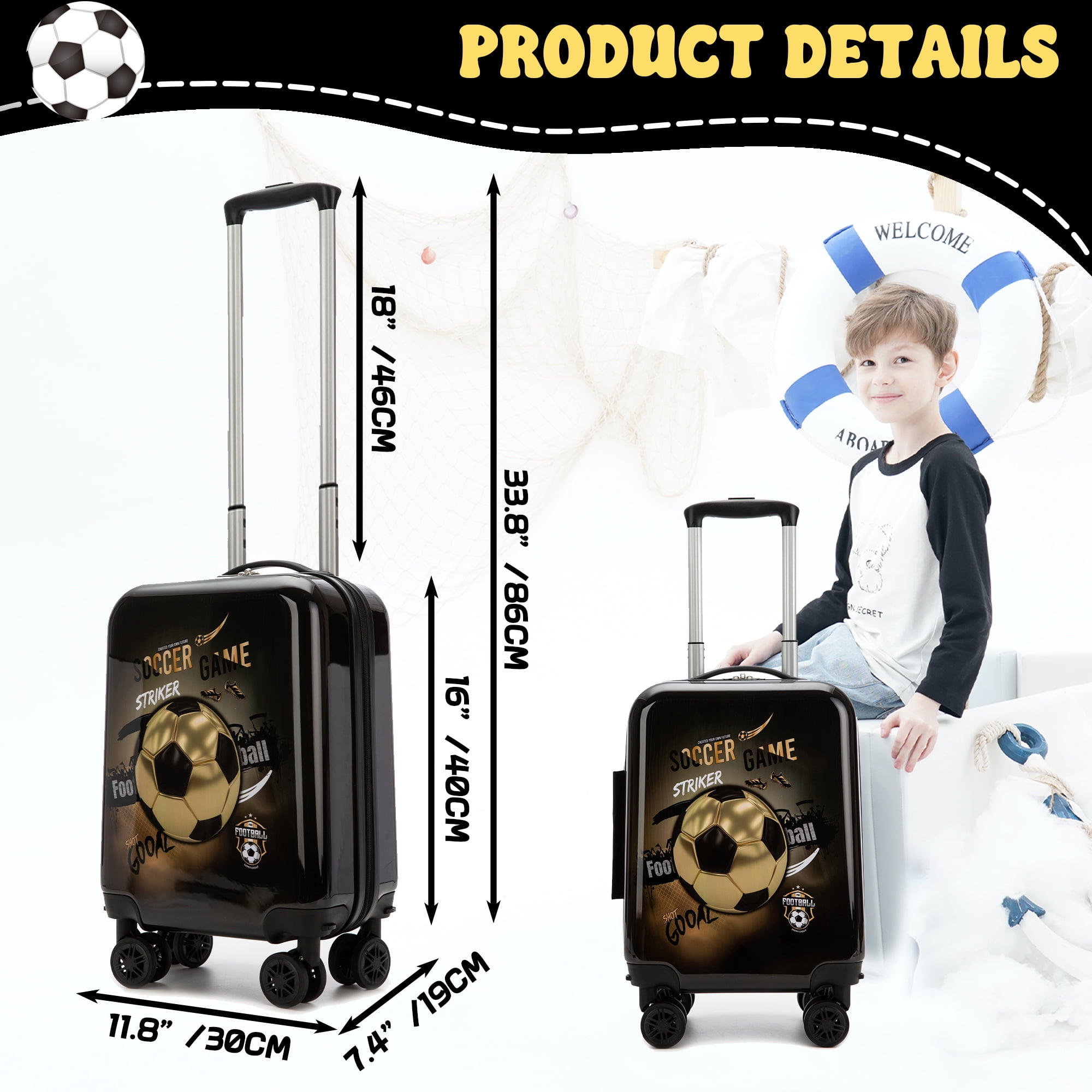 Kids Luggage Sets 3 Piece Small Suitcases with Wheels for Boys Rolling Suitcase with Travel Pillow Duffle Bag Soccer