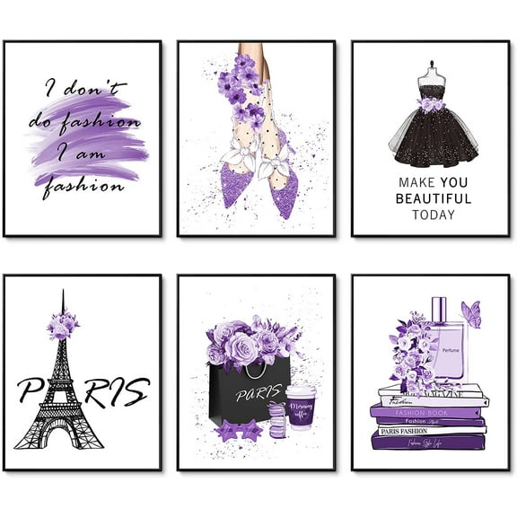 Purple Makeup Canvas Posters Fashion Art Prints Paris Wall Art Makeup Room Artwork Set of 6 High Heels Perfume Flower Art Posters Girl Room Decor for Bedroom 8x10 inch UNFRAMED
