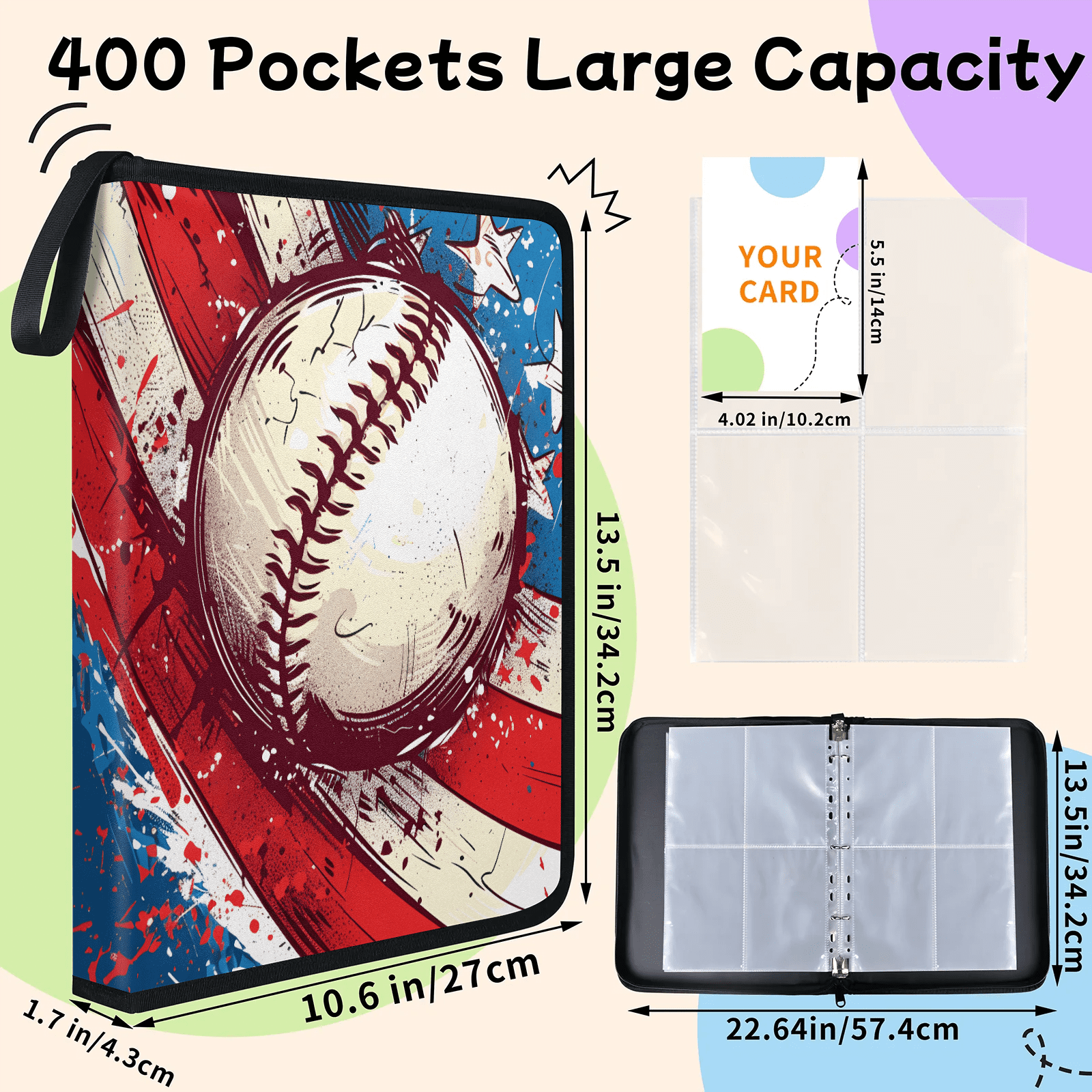 400 Pocket Baseball Card Binder with 50 Sleeves, 4 Pocket PU Leather Trading Card Binder for Sports Game Cards Collector Album