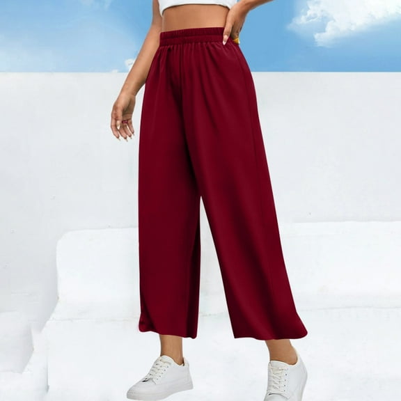 lmcalzta Wide Leg Pants for Women Summer Loose Lightweight Elastic Waist Pants Casual Comfy Trousers