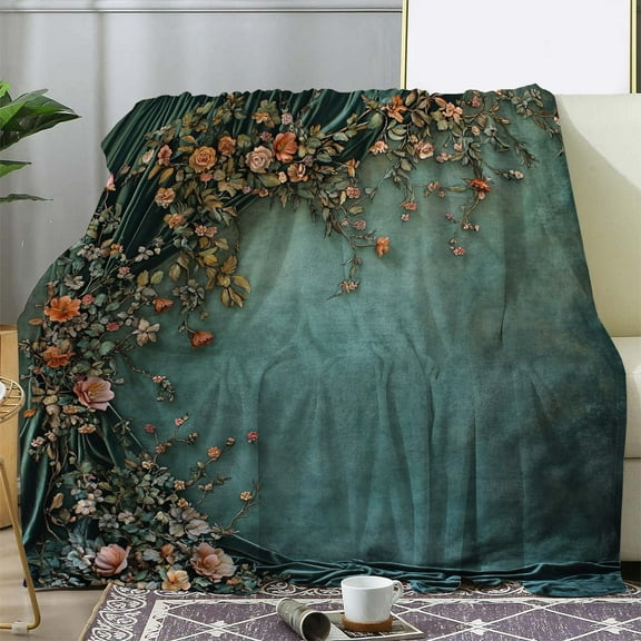 1pc Vintage Floral Print Flannel Throw Blanket - Soft, Warm & Cozy for Couch, Bed, Car, Office, Camping & Travel - Perfect All-Season Gift - Teal Background with Detailed Rose & Leaf Design