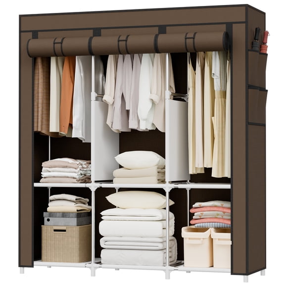 Baokaler Clothes Storage with 6 Shelves, Clothes Hanging Rack with Cover, 16mm Metal Tube Frame Closet Organizer for Bedroom, Living Room, Garage, Dorm, Coffee