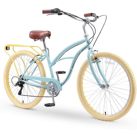 sixthreezero Around the Block Women s 7-Speed New Beach Cruiser Bicycle with Rear Rack  26 In. Wheels  Sky Marigold with Brown Seat and Grips