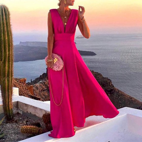 Hot Pink Womens Deep V-Neck Sleeveless Maxi Dress Elegant Flowy Evening Gown With Floral Clutch