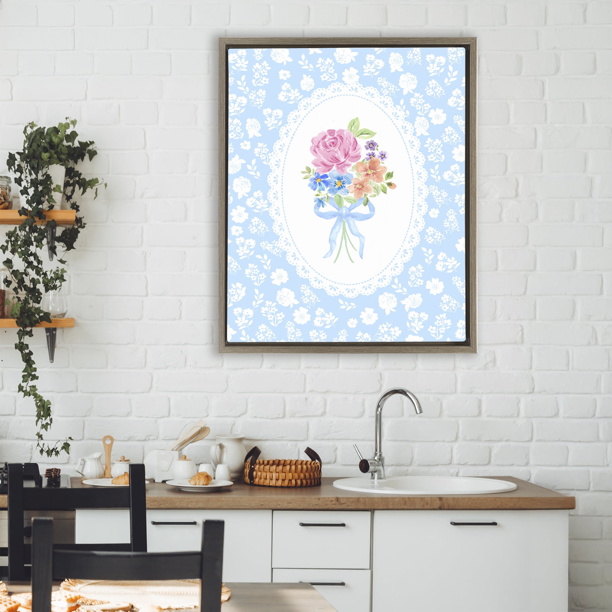 Stupell Industries Blue Feminine Bouquet Brown Framed Floater Canvas Wall Art, design by Corinne Haig