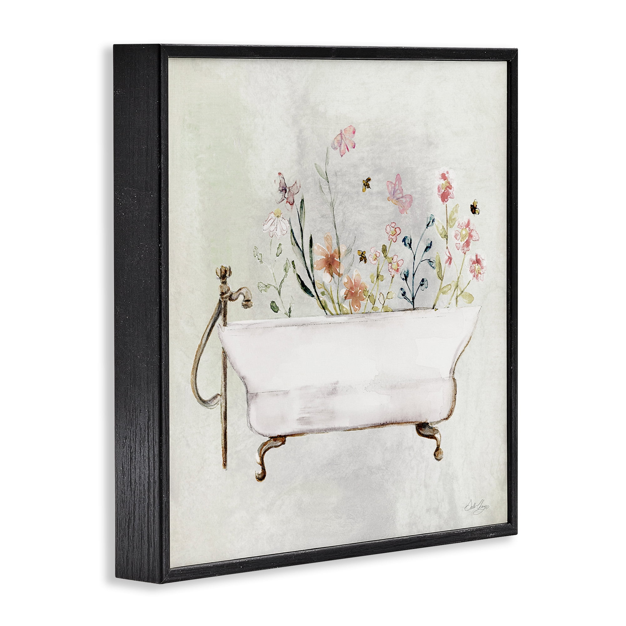Stupell Industries Butterfly Floral Tub Typography Painting Black Framed Art Print Wall Art, 17 x 17