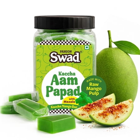 Panjon Swad Kaccha Aam Papad Candy with Masala Twist, Sweet & Tangy Raw Mango Fruit Snack, 320g Jar
